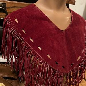 Vintage 70s Suede Leather Fringe Vest Shawl Top Small ,Medium Red Maroon